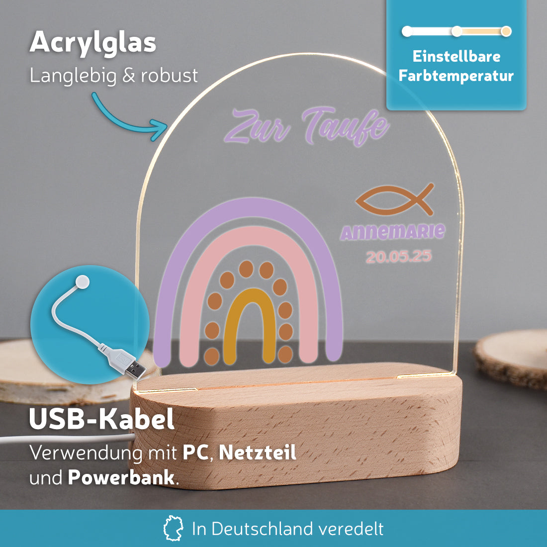 Personalisiertes LED-Nachtlicht Vorteile mit Motiv Boho-Regenbogen zur Taufe