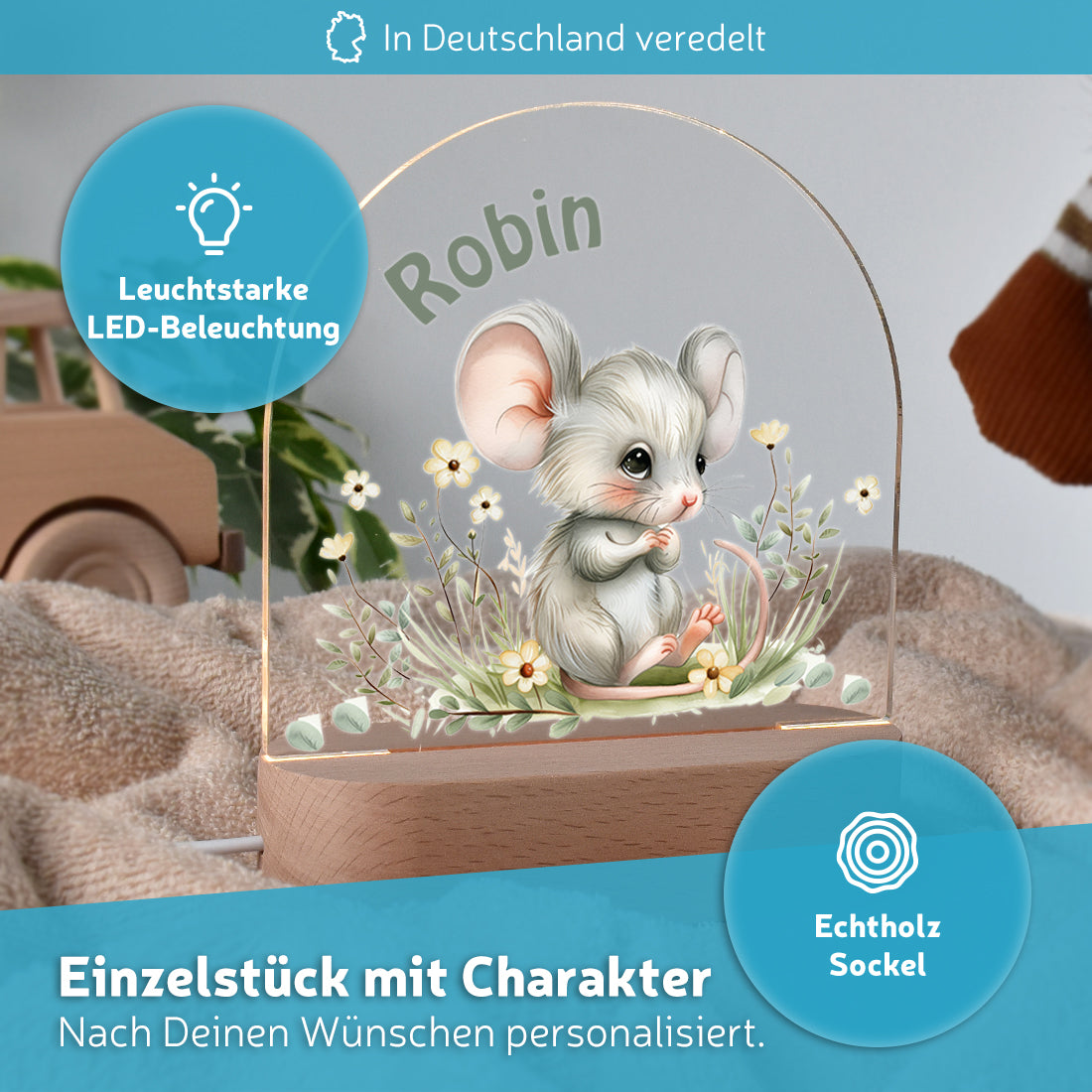 LED-Kinderzimmerlampe auf Echtholz-Sockel mit Motiv Maus