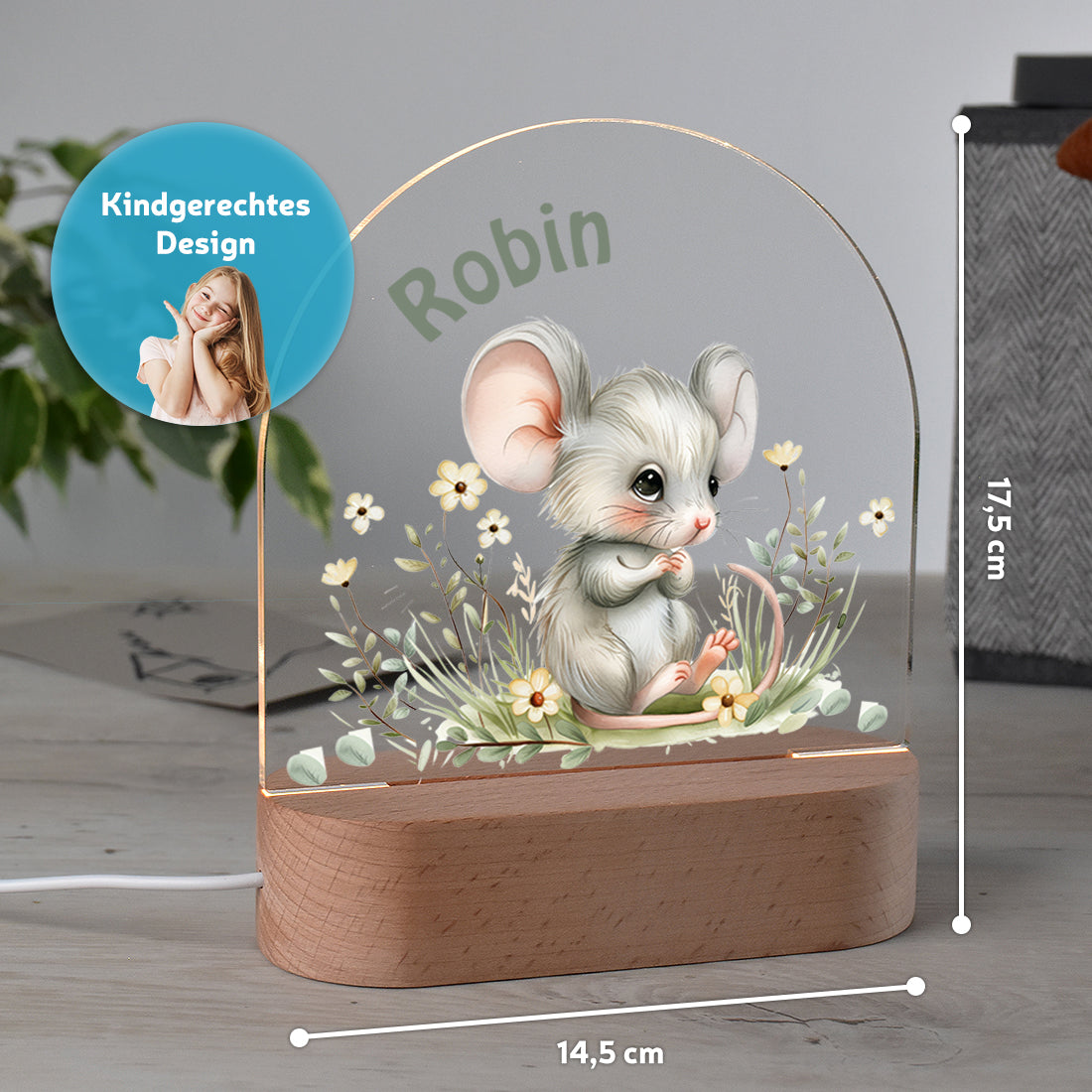 Personalisiertes Nachtlicht Größenangabe mit Motiv Maus