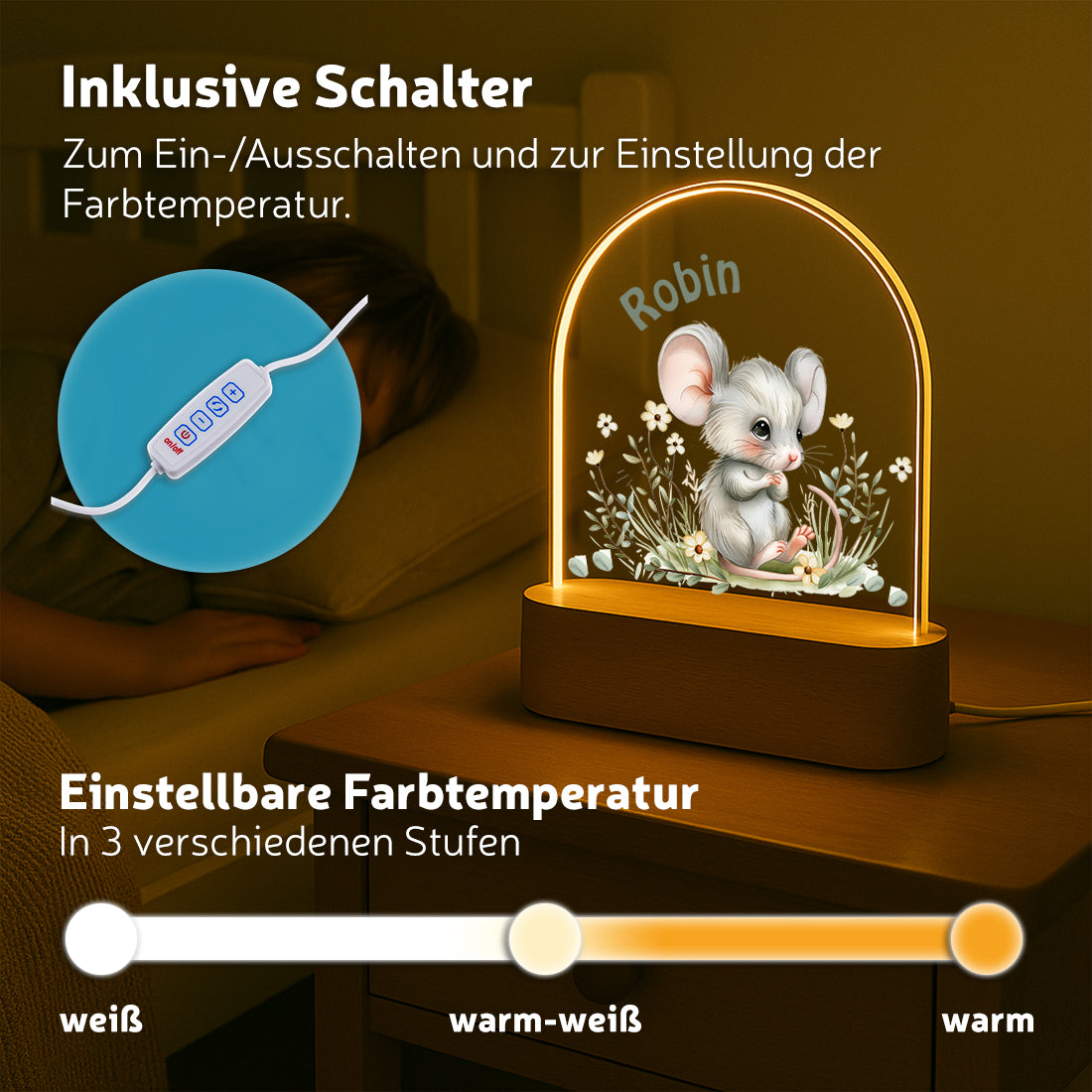 LED-Nachtlicht verschiedene Lichtmodi mit Motiv Maus