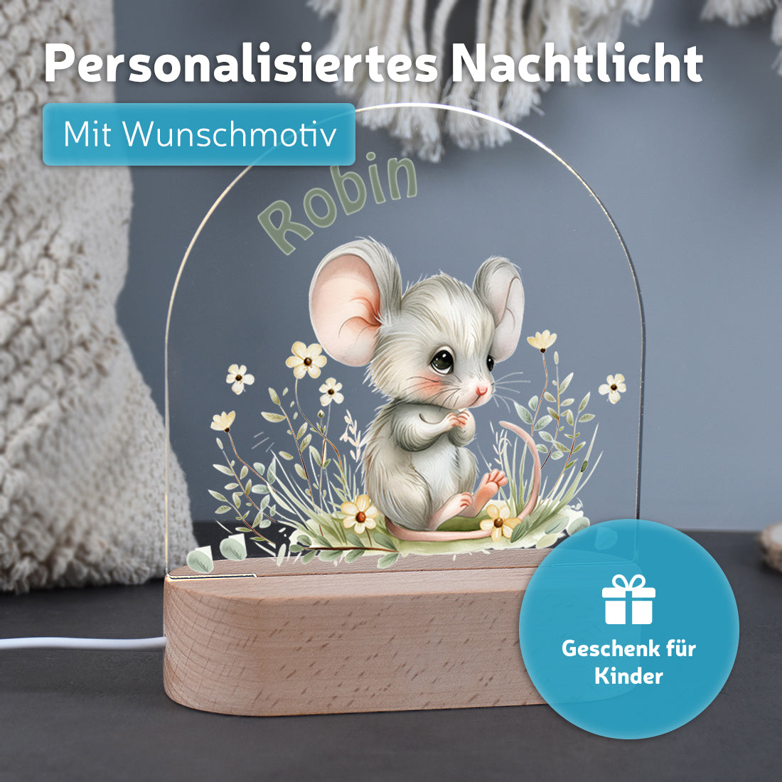 Nachtlicht mit individueller Namensgravur mit Motiv Maus