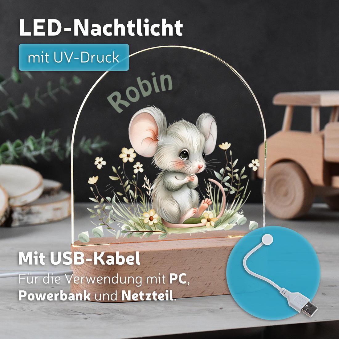 Nachtlicht UV Druck mit USB Kabel mit Motiv Maus