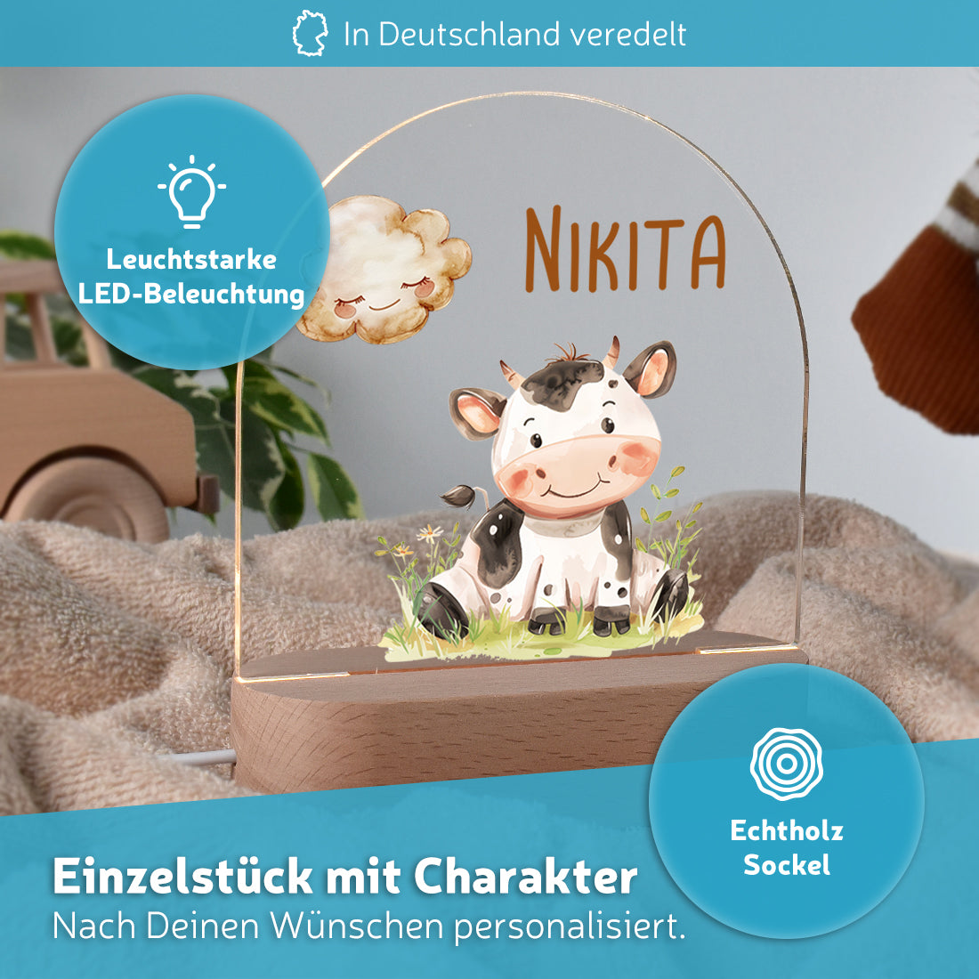 LED-Kinderzimmerlampe auf Echtholz-Sockel mit Motiv Kalb