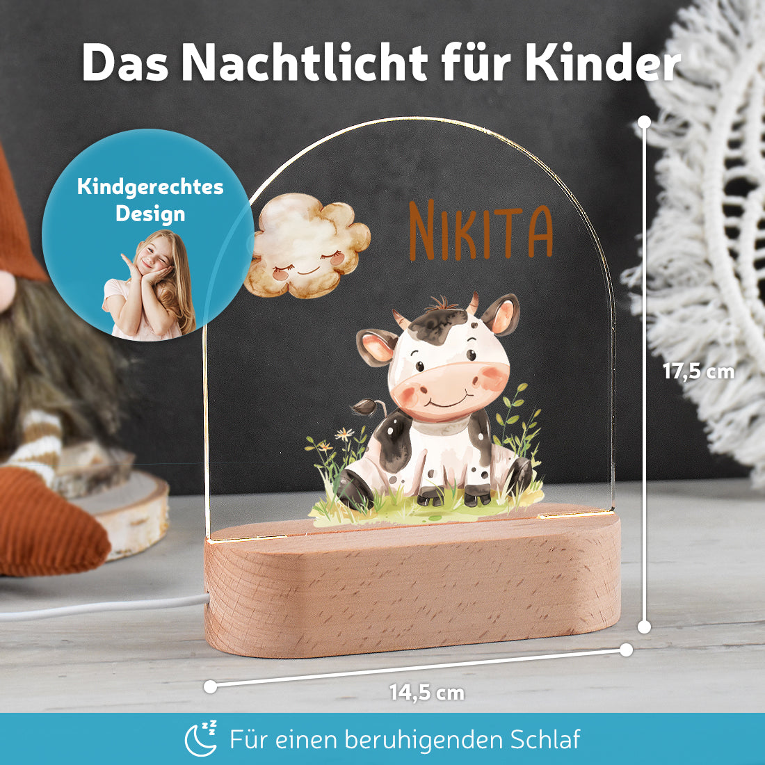 LED-Lampe im Kinderzimmer dekoriert mit Motiv Kalb