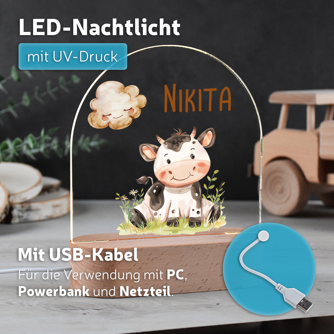 Nachtlicht UV Druck mit USB Kabel mit Motiv Kalb