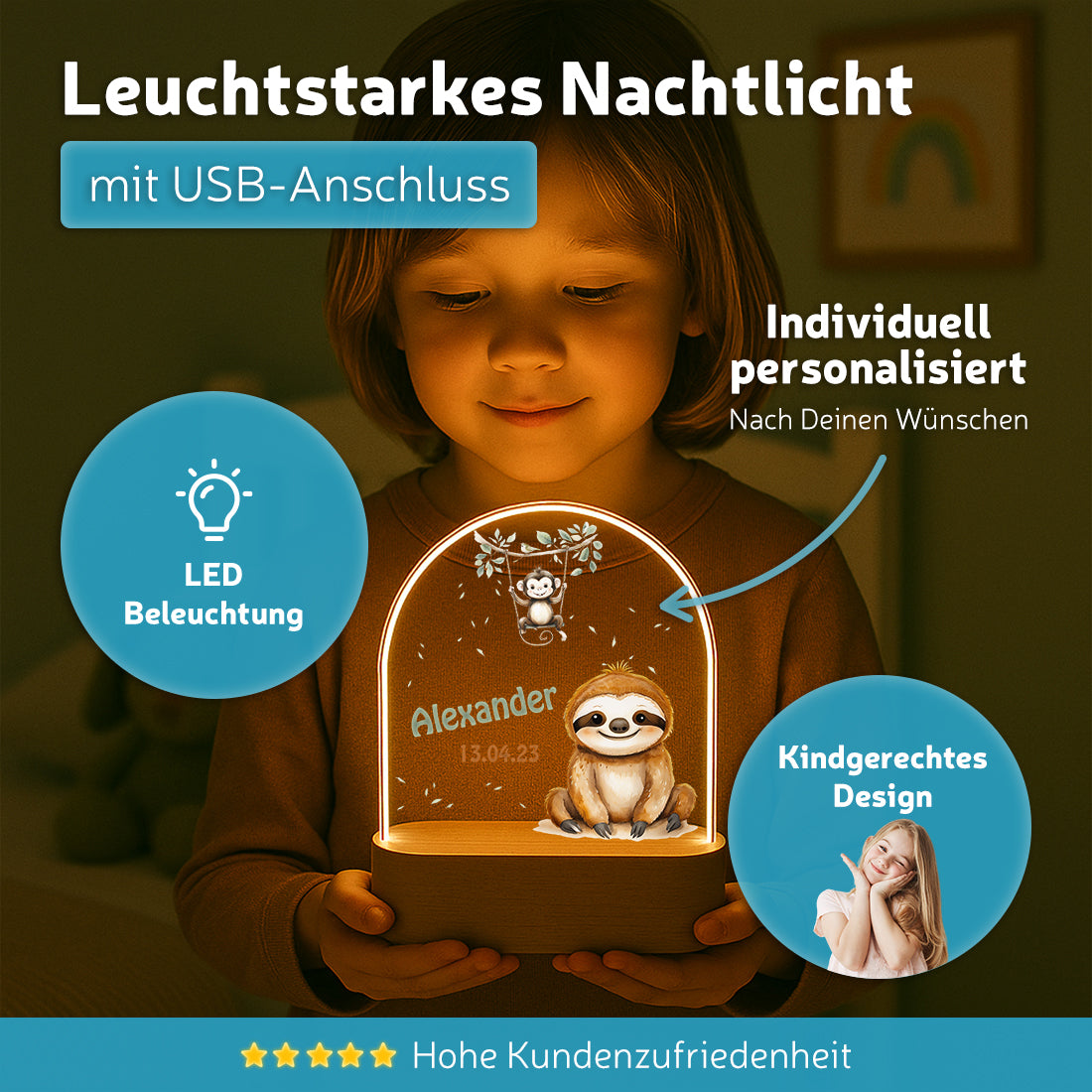 Personalisiertes Nachtlicht leuchtend mit Wunschmotiv Faultier