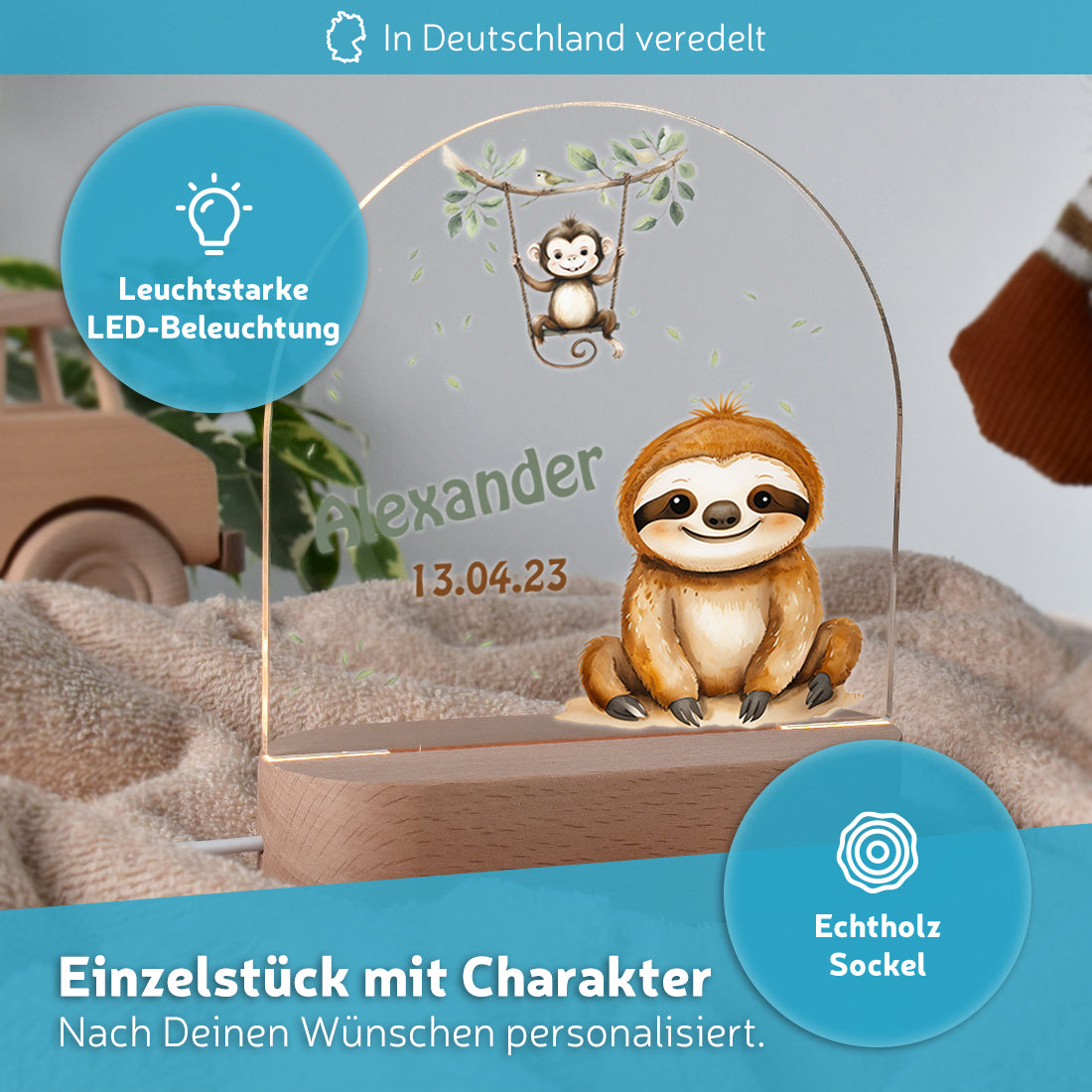 LED-Kinderzimmerlampe auf Echtholz-Sockel mit Motiv Faultier