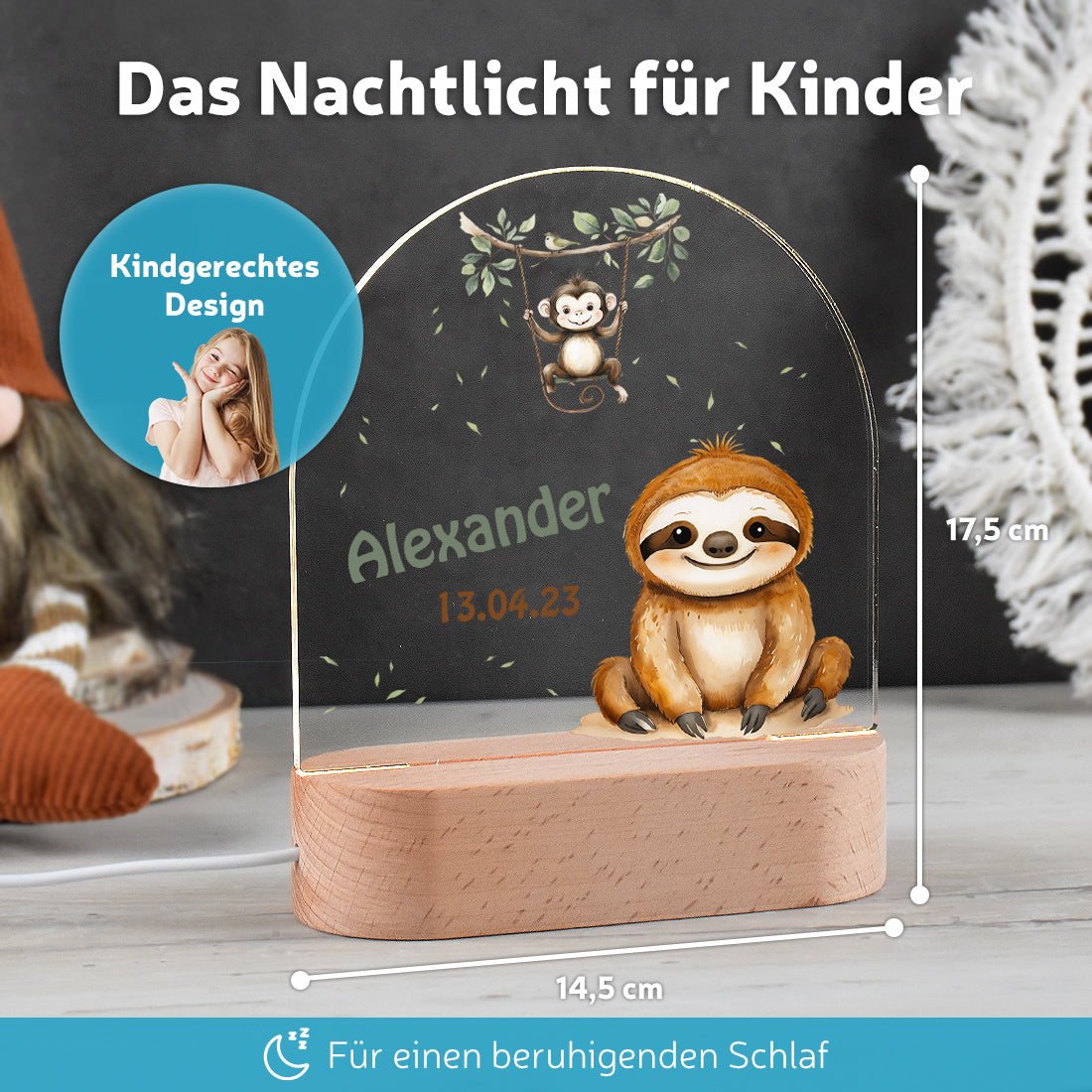 LED-Lampe im Kinderzimmer dekoriert mit Motiv Faultier