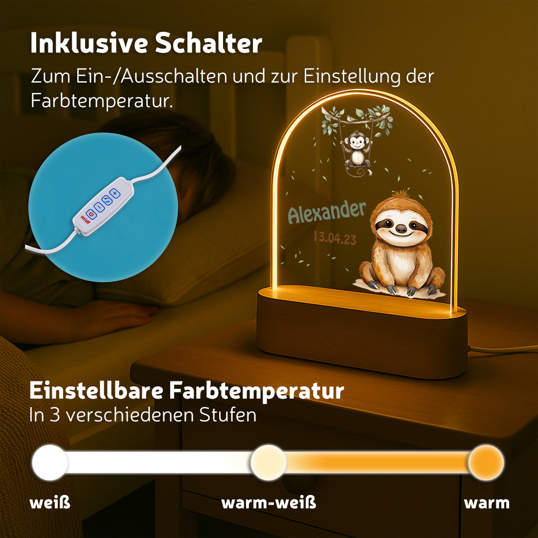 LED-Nachtlicht verschiedene Lichtmodi mit Motiv Faultier