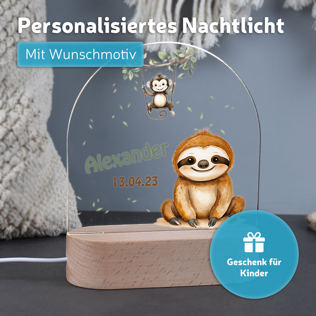 Nachtlicht mit individueller Namensgravur mit Motiv Faultier