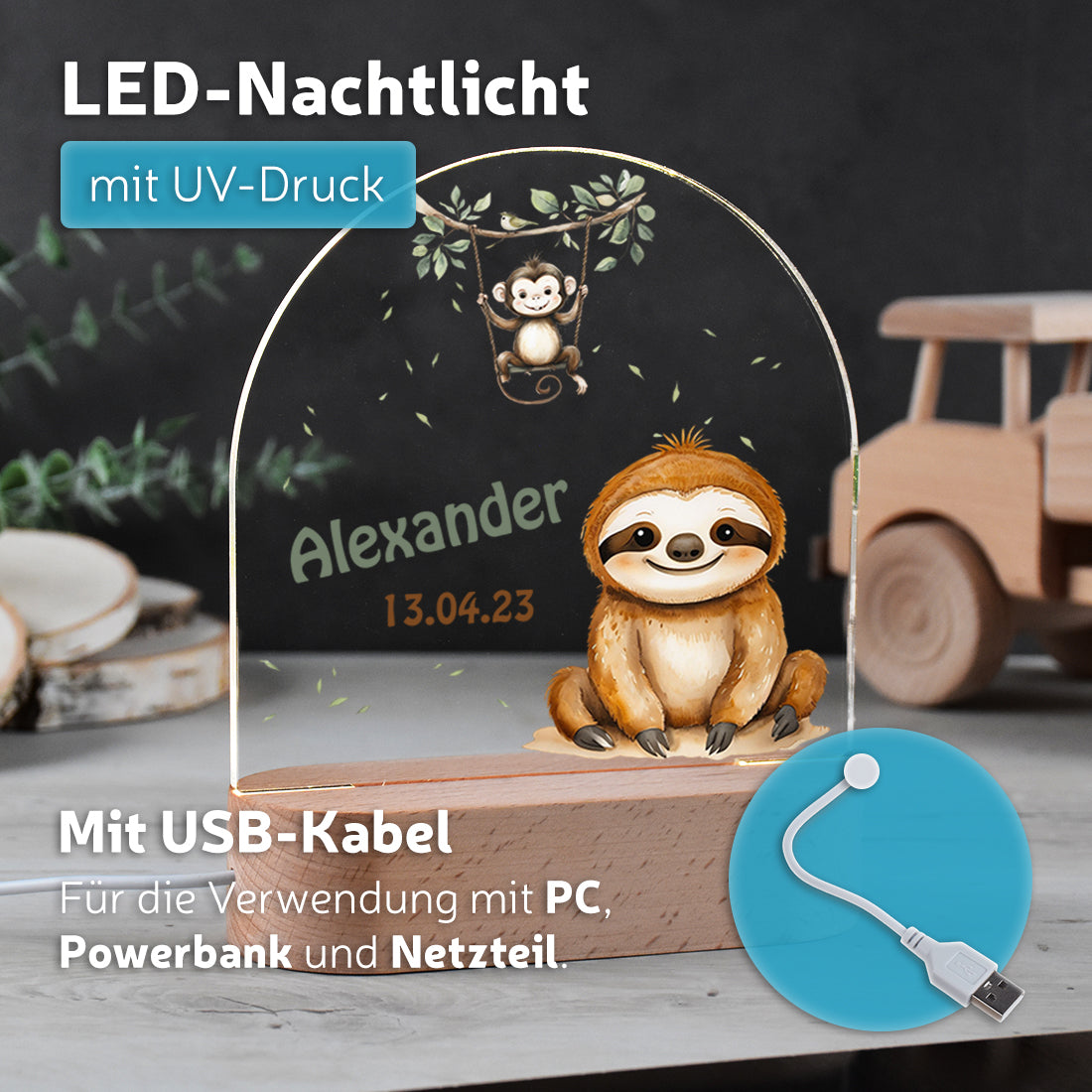 Nachtlicht UV Druck mit USB Kabel mit Motiv Faultier