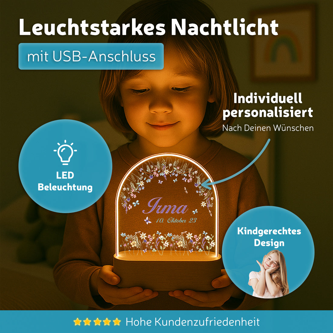 Personalisiertes Nachtlicht leuchtend mit Wunschmotiv Blumenzauber