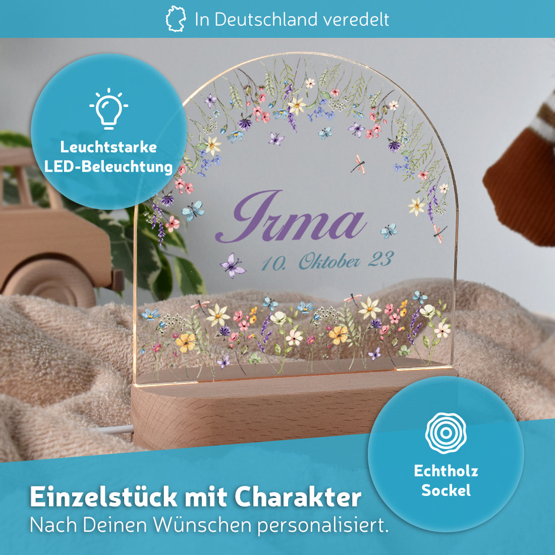 LED-Kinderzimmerlampe auf Echtholz-Sockel mit Motiv Blumenzauber