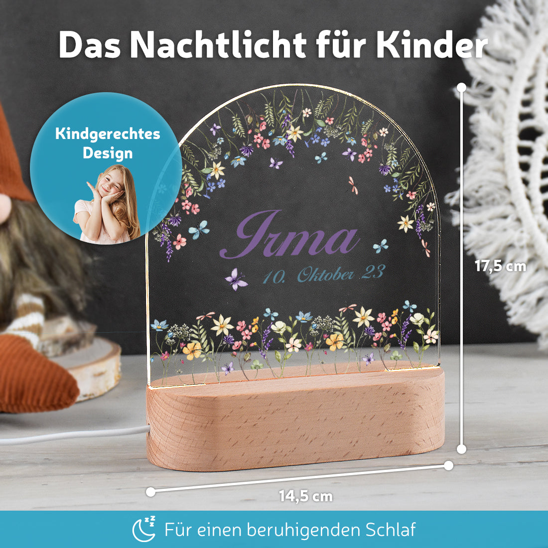 LED-Lampe im Kinderzimmer dekoriert mit Motiv Blumenzauber