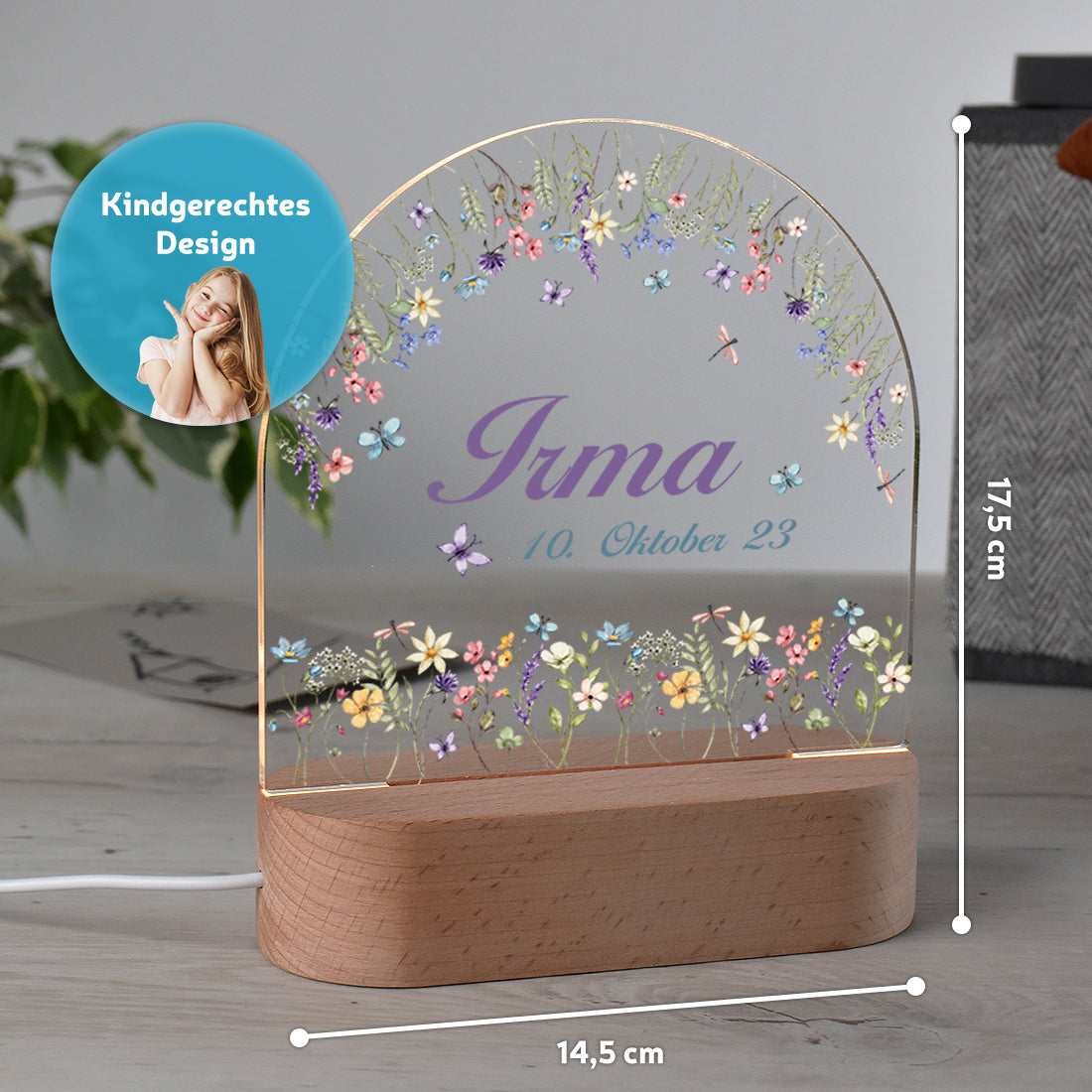 Personalisiertes Nachtlicht Größenangabe mit Motiv Blumenzauber