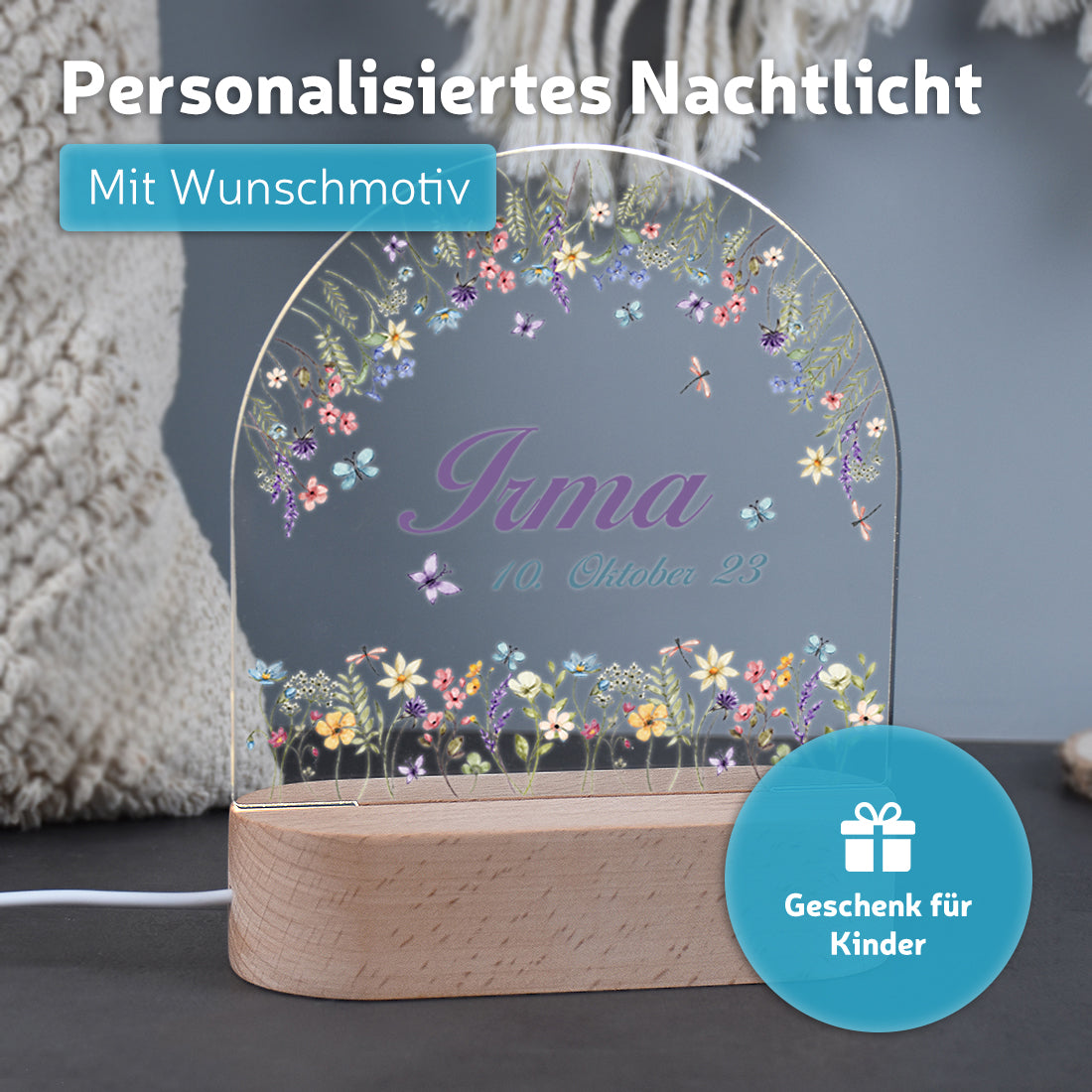 Nachtlicht mit individueller Namensgravur mit Motiv Blumenzauber