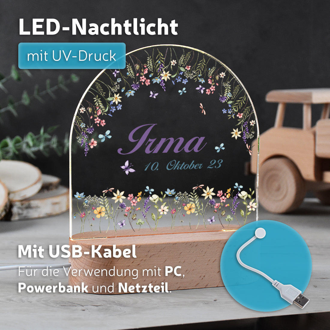 Nachtlicht UV Druck mit USB Kabel mit Motiv Blumenzauber