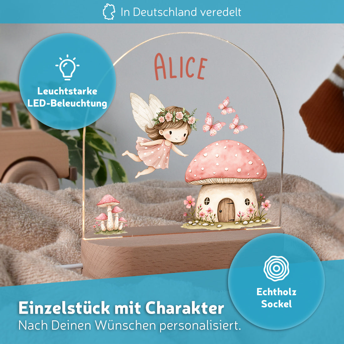 LED-Kinderzimmerlampe auf Echtholz-Sockel mit Motiv Waldfee