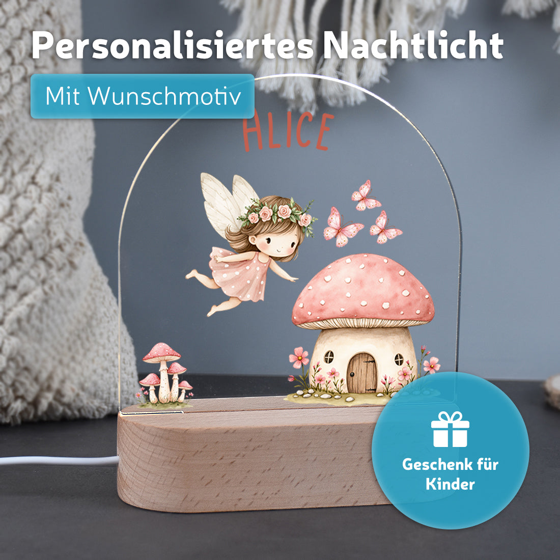 Nachtlicht mit individueller Namensgravur mit Motiv Waldfee
