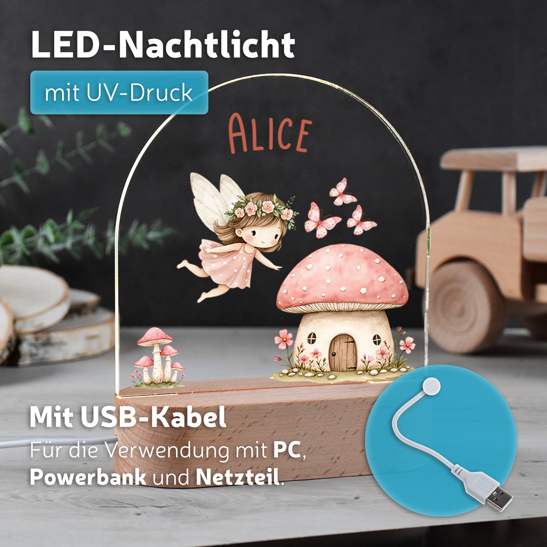 Nachtlicht UV Druck mit USB Kabel mit Motiv Waldfee