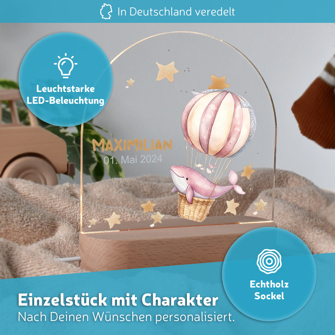 LED-Kinderzimmerlampe auf Echtholz-Sockel mit Motiv Wal