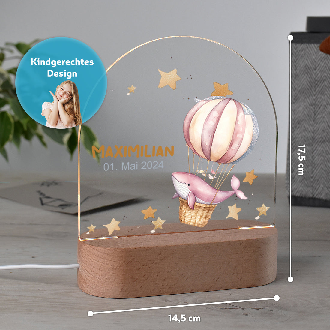 Personalisiertes Nachtlicht Größenangabe mit Motiv Wal