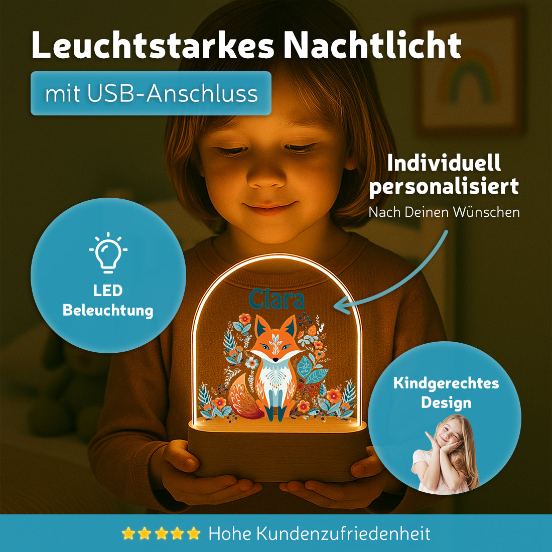 Personalisiertes Nachtlicht leuchtend mit Wunschmotiv Fuchs