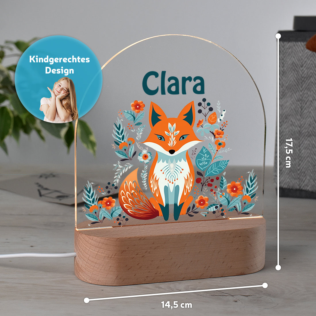 Personalisiertes Nachtlicht Größenangabe mit Motiv Fuchs