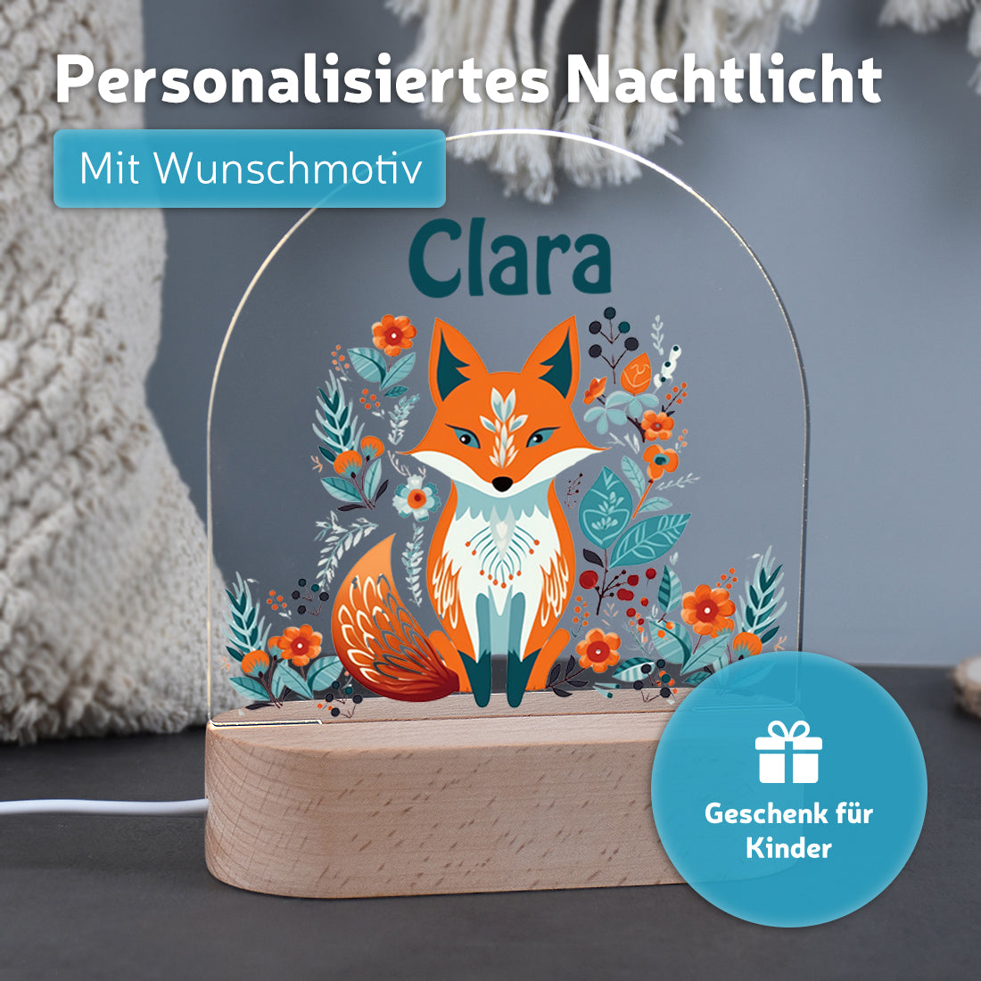Nachtlicht mit individueller Namensgravur mit Motiv Fuchs
