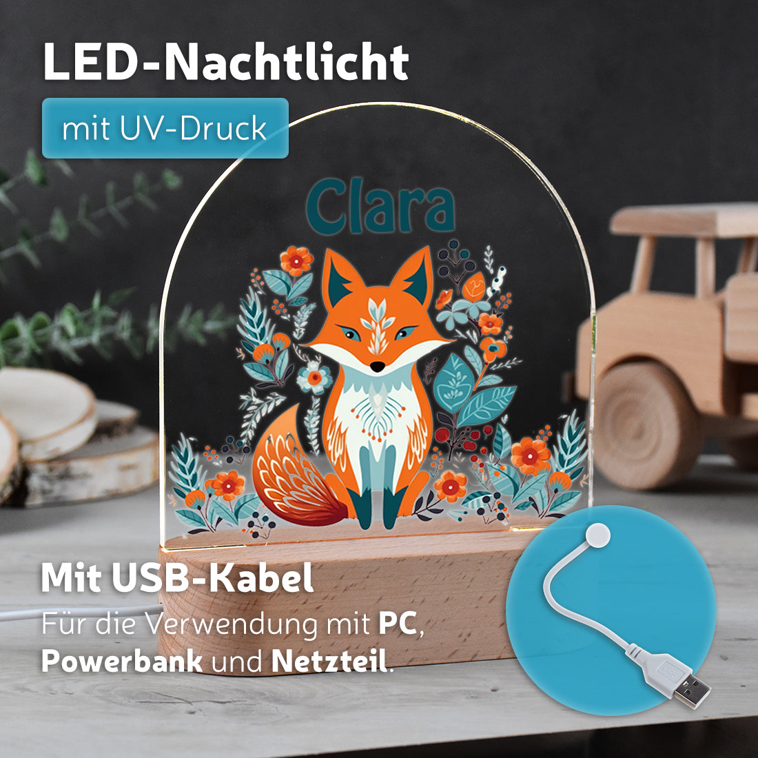 Nachtlicht UV Druck mit USB Kabel mit Motiv Fuchs