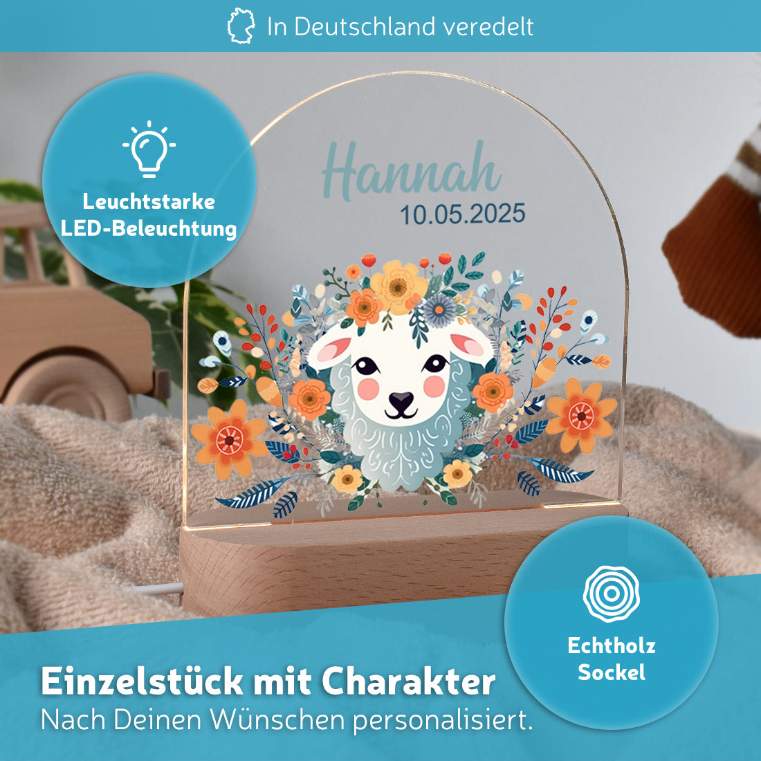 LED-Kinderzimmerlampe auf Echtholz-Sockel mit Motiv Schäfchen