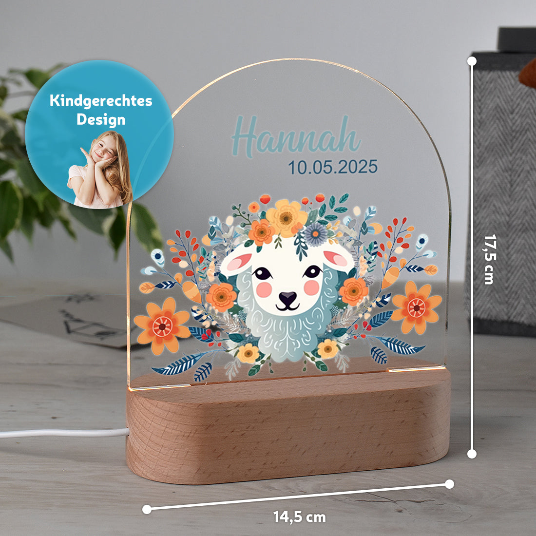 Personalisiertes Nachtlicht Größenangabe mit Motiv Schäfchen