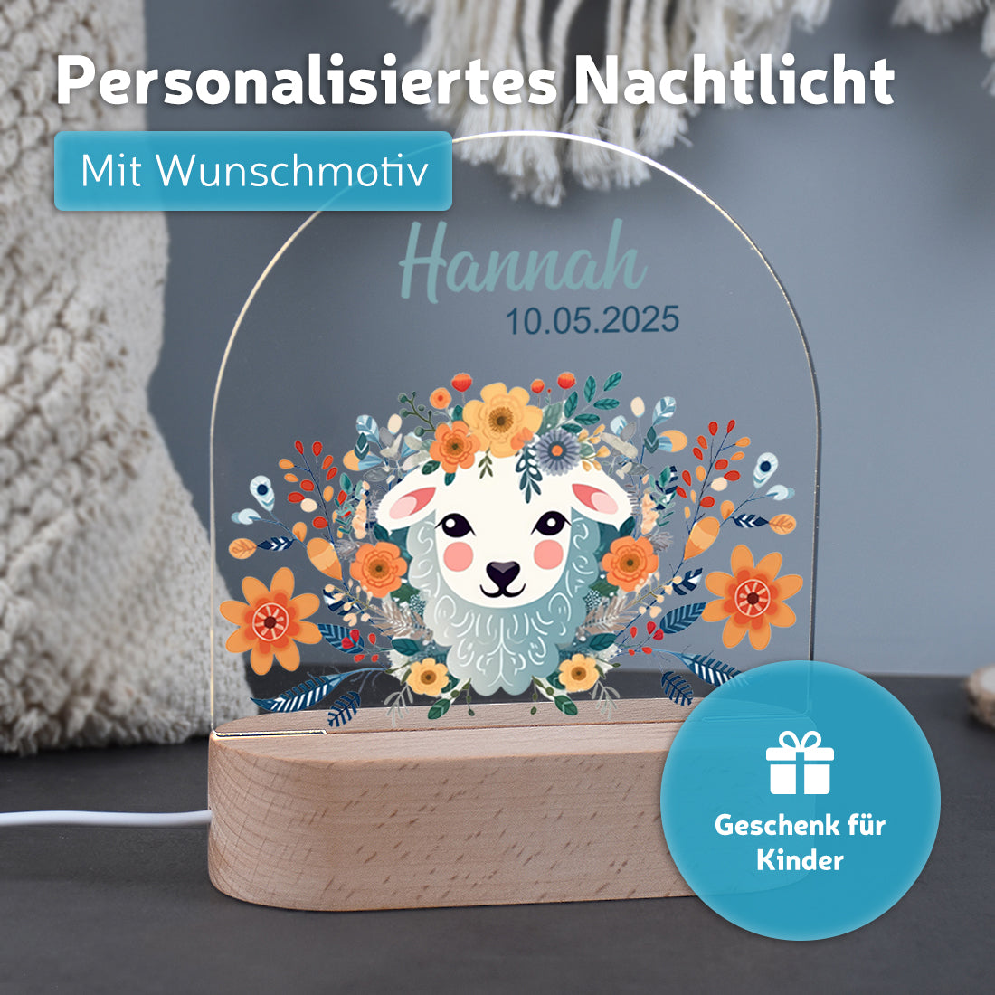 Nachtlicht mit individueller Namensgravur mit Motiv Schäfchen