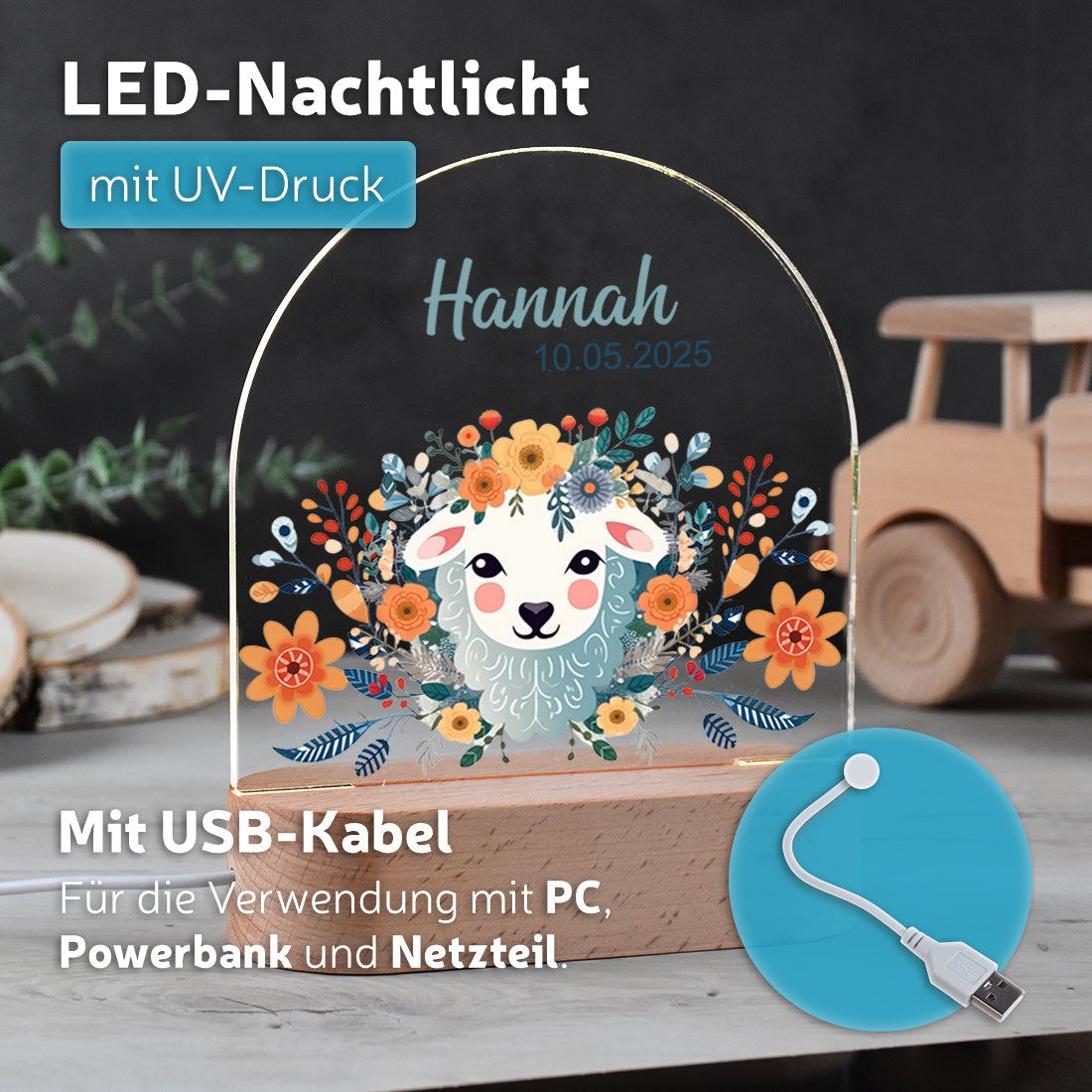 Nachtlicht UV Druck mit USB Kabel mit Motiv Schäfchen