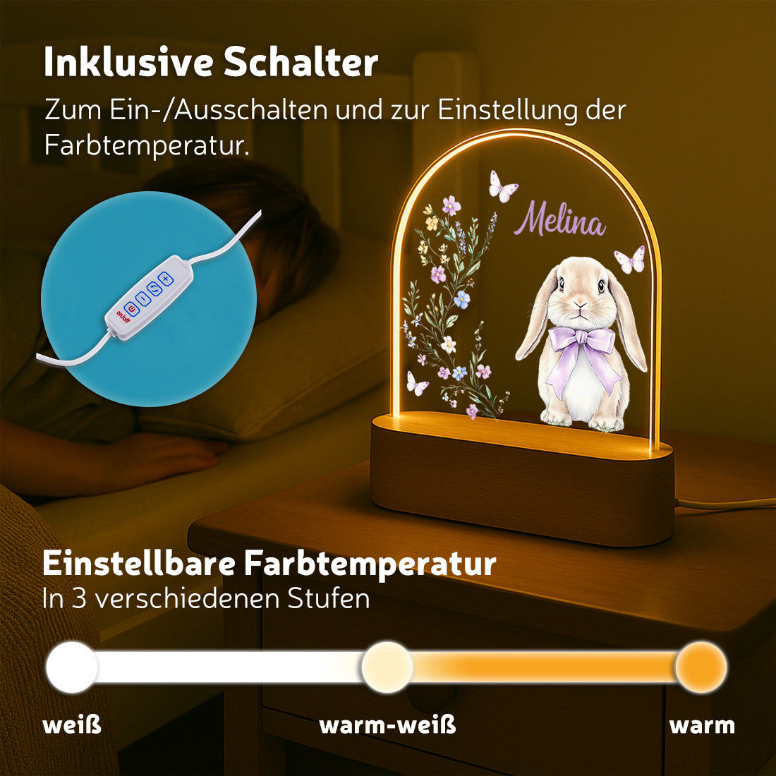 LED-Nachtlicht verschiedene Lichtmodi mit Motiv Hase lila