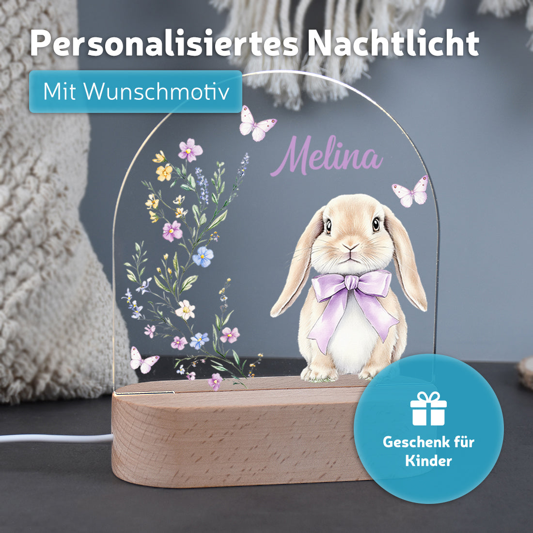 Nachtlicht mit individueller Namensgravur mit Motiv Hase lila
