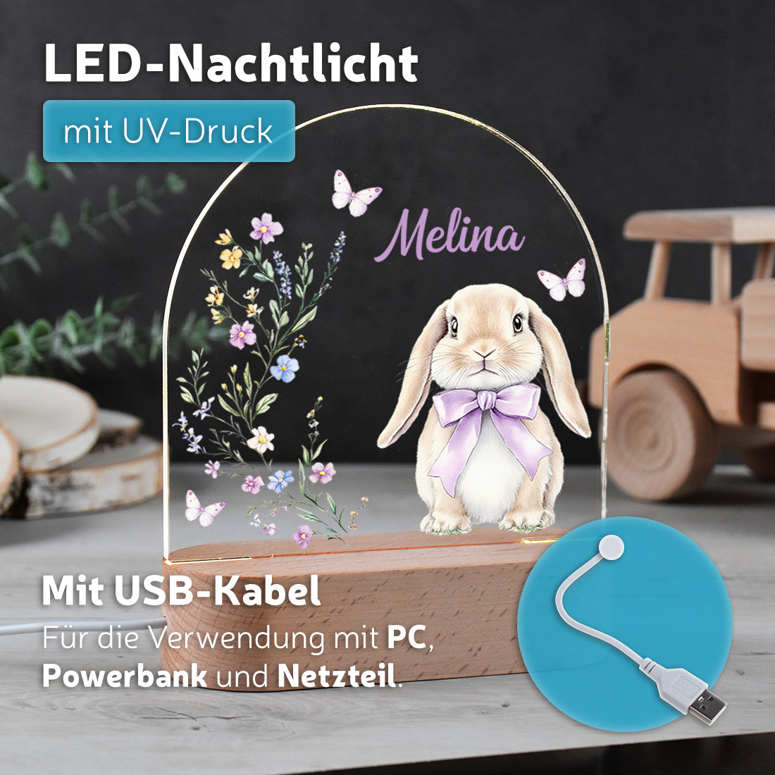 Nachtlicht UV Druck mit USB Kabel mit Motiv Hase lila