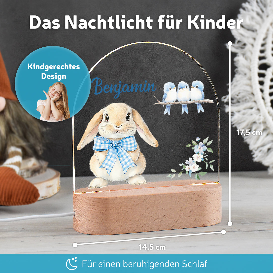 LED-Lampe im Kinderzimmer dekoriert mit Motiv Hase blau