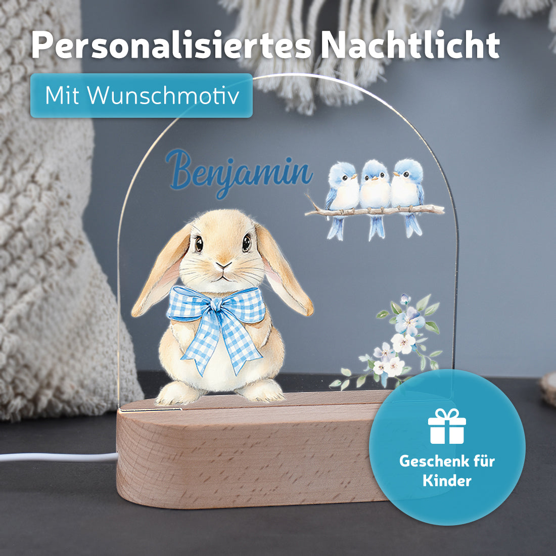 Nachtlicht mit individueller Namensgravur mit Motiv Hase blau