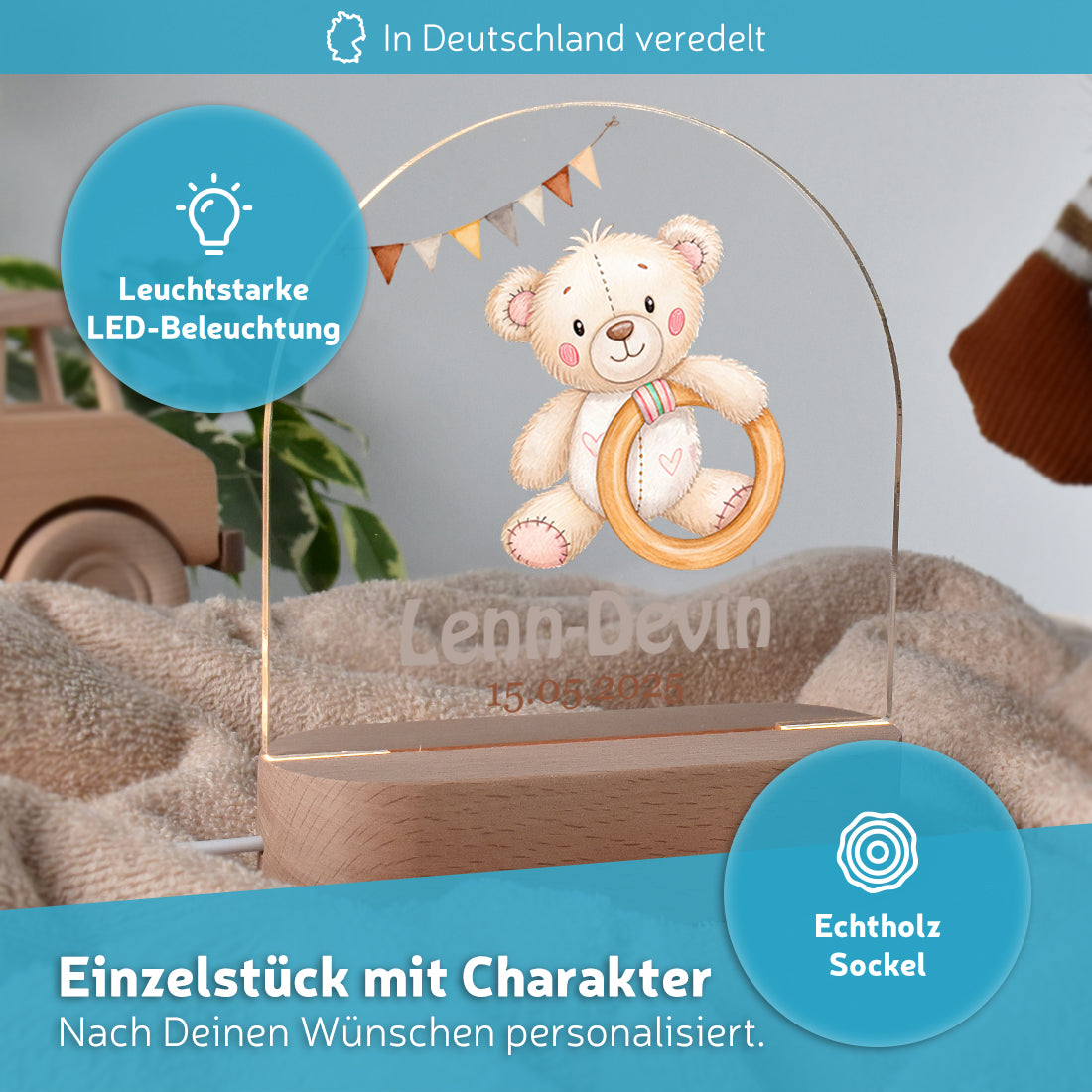 LED-Kinderzimmerlampe auf Echtholz-Sockel mit Motiv Baby-Bär