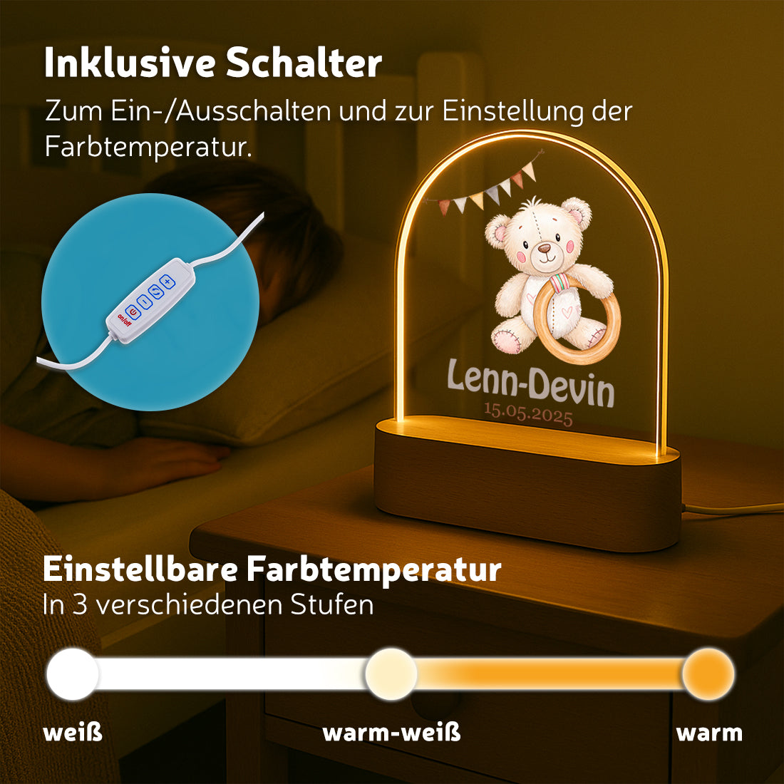 LED-Nachtlicht verschiedene Lichtmodi mit Motiv Baby-Bär