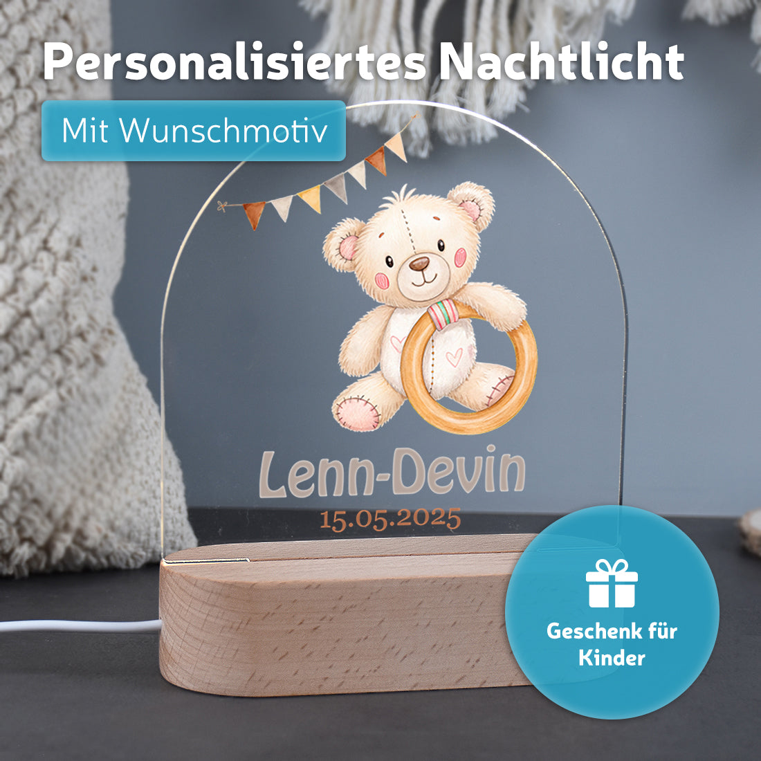 Nachtlicht mit individueller Namensgravur mit Motiv Baby-Bär