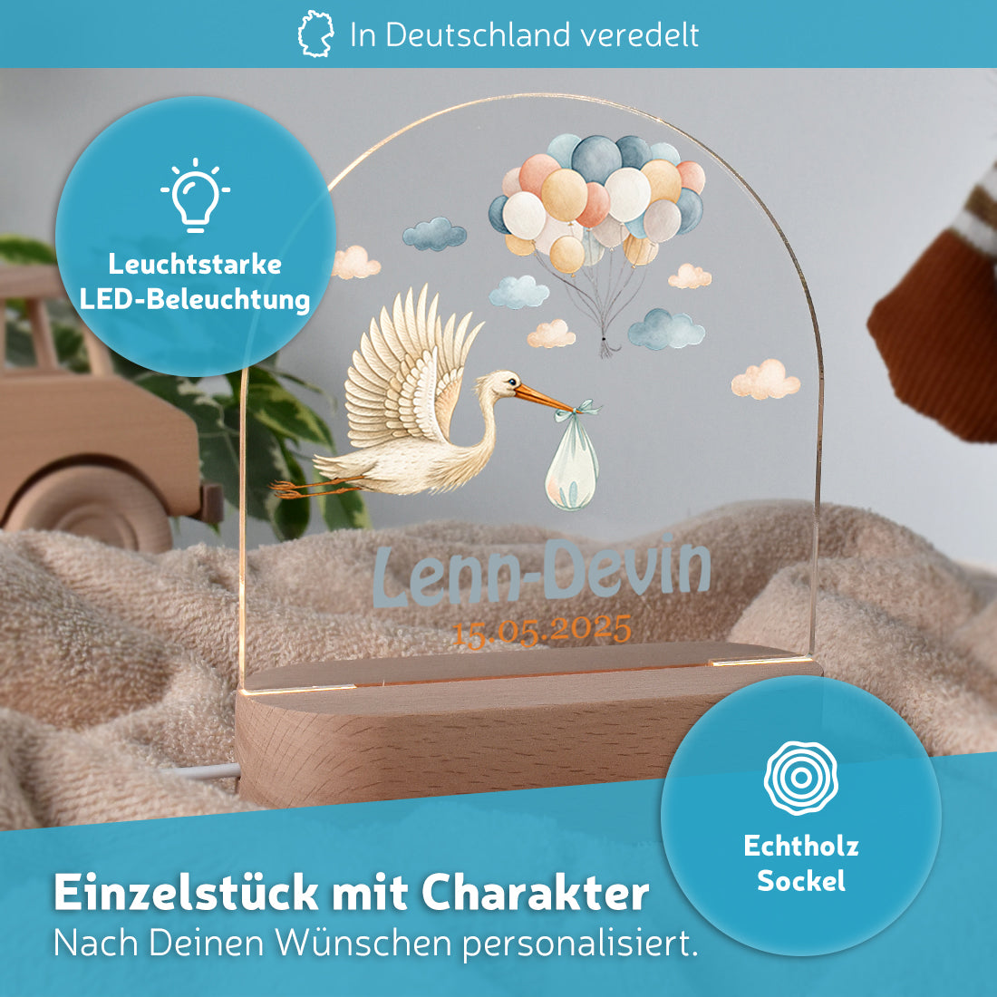 LED-Kinderzimmerlampe auf Echtholz-Sockel mit Motiv Storch