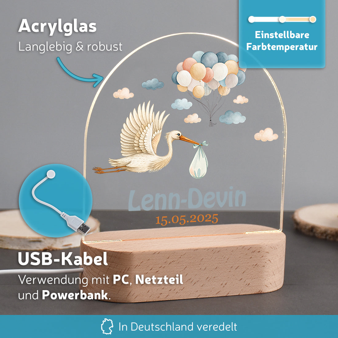 Personalisiertes LED-Nachtlicht Vorteile mit Motiv Storch