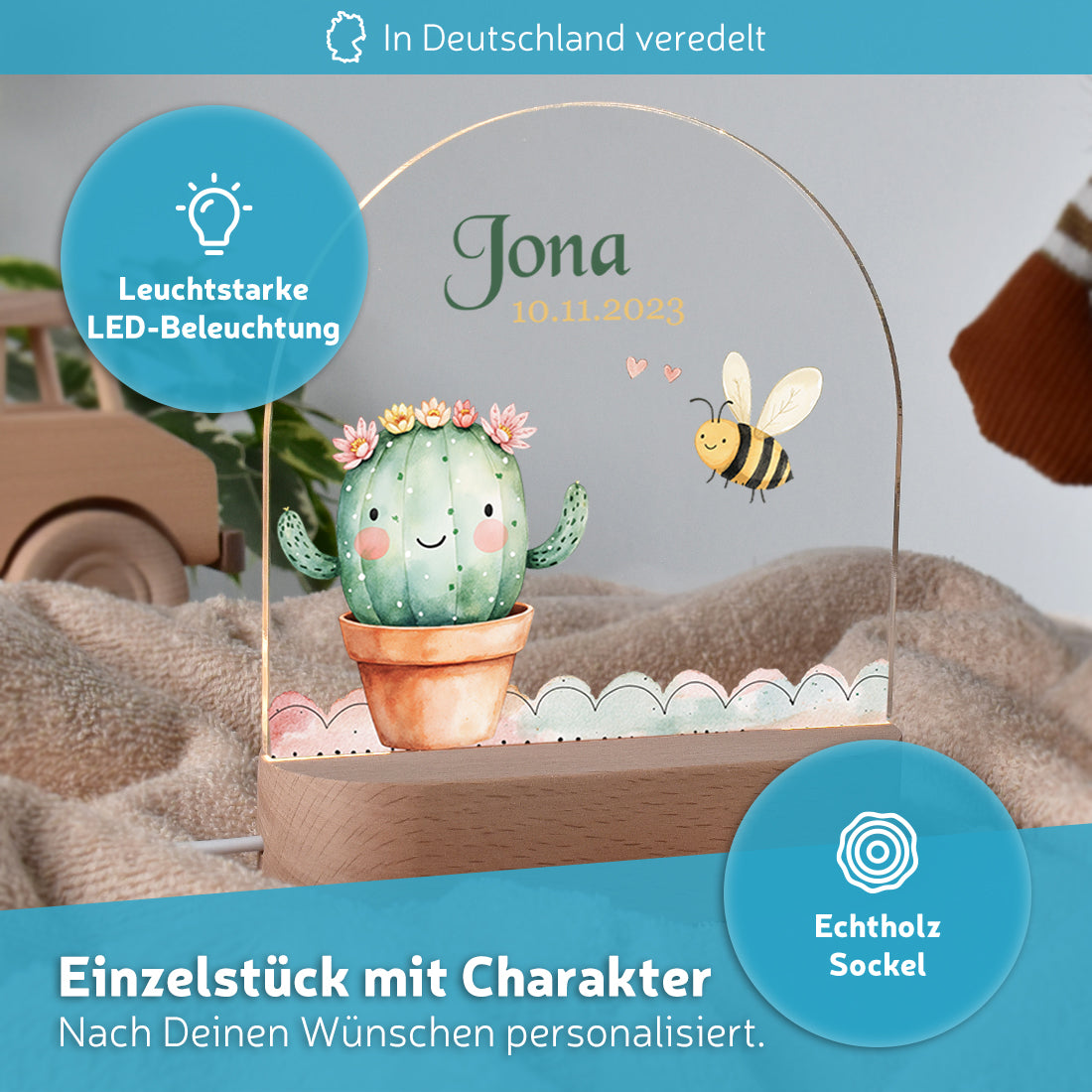 LED-Kinderzimmerlampe auf Echtholz-Sockel mit Motiv Kaktus