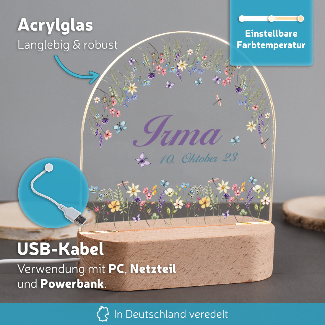 Personalisiertes LED-Nachtlicht Vorteile mit Motiv Blumenzauber