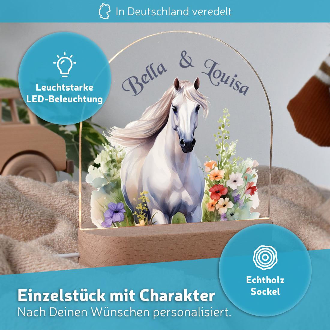 LED-Kinderzimmerlampe auf Echtholz-Sockel mit Motiv Pferd