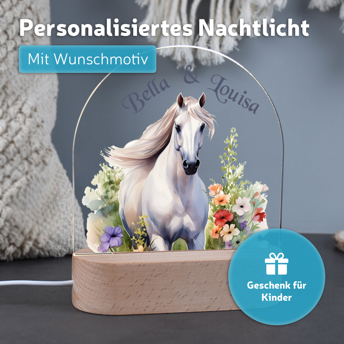Nachtlicht mit individueller Namensgravur mit Motiv Pferd