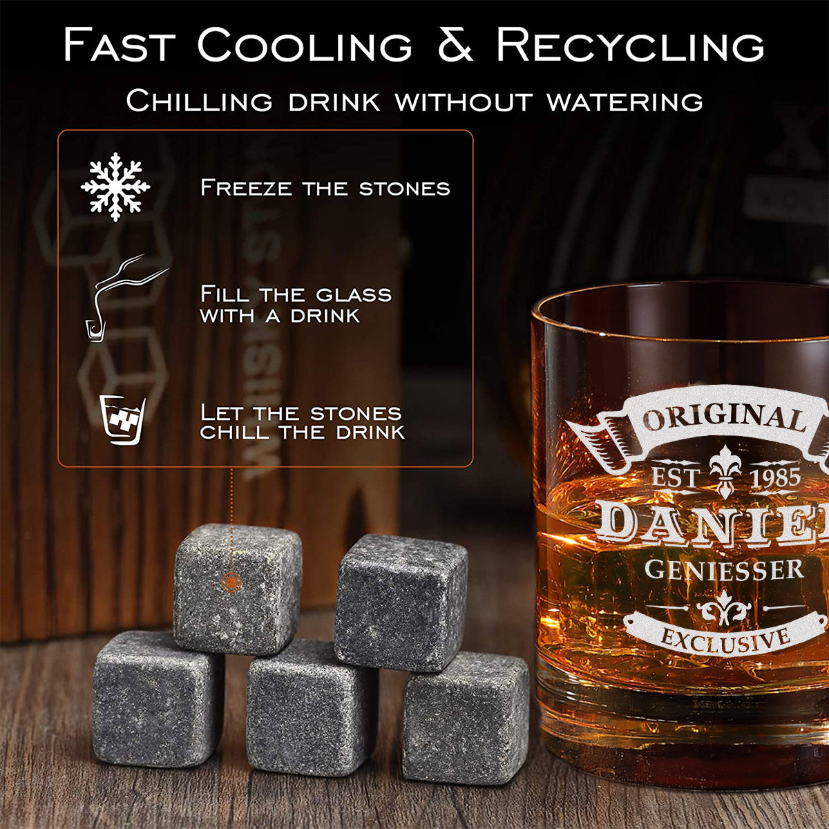 Whisky-Set 5-teilig mit Kühlsteine, Box und Glas - personalisiert