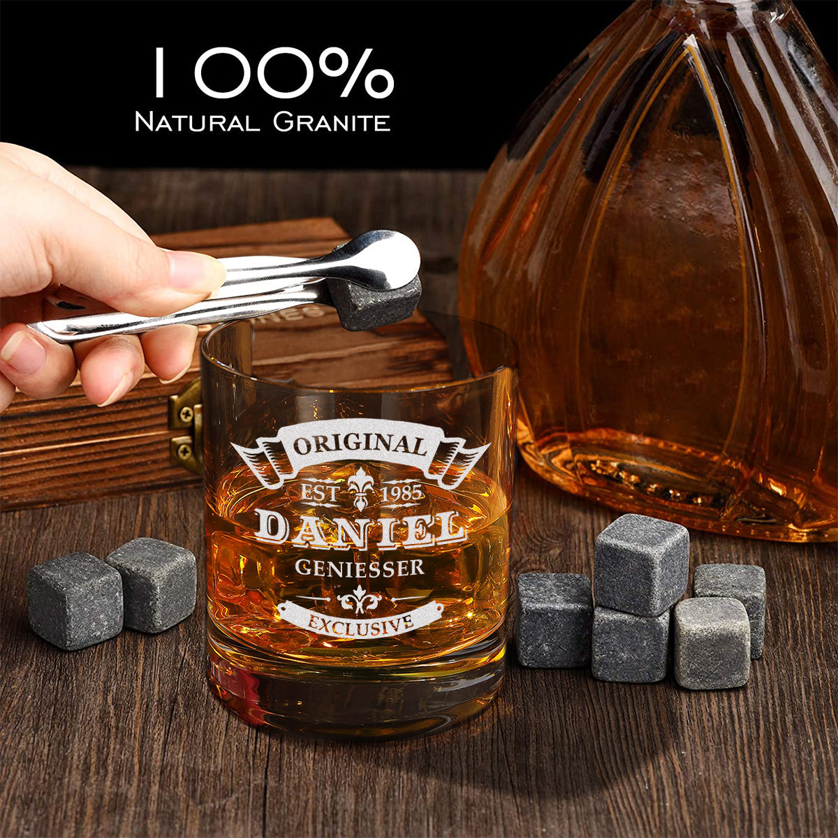 Whisky-Set 5-teilig mit Kühlsteine, Box und Glas - personalisiert
